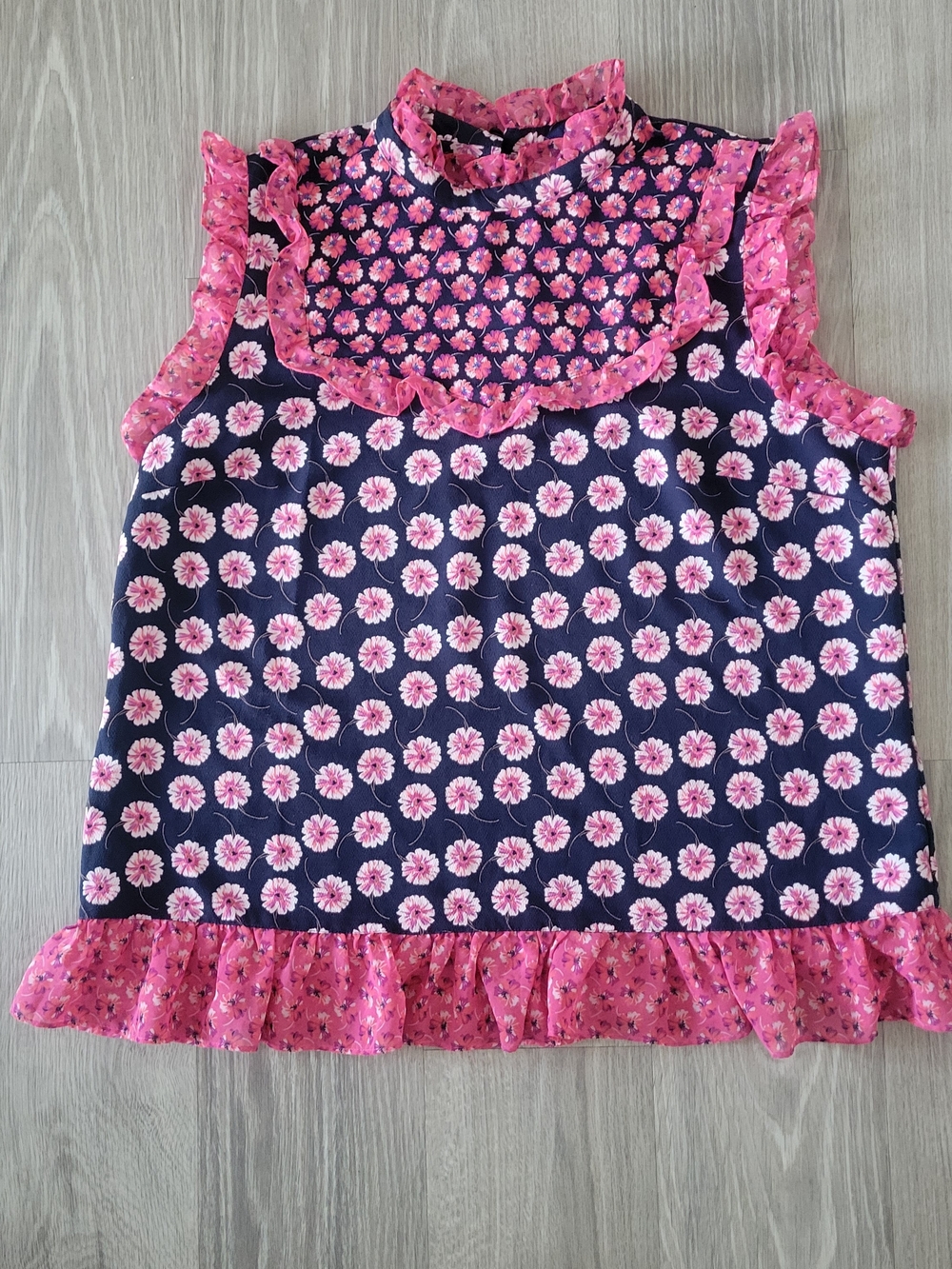 next Sleeveless Navy Girlhoodcore Floral Ruffle Top with Pink Blossoms Plus Size